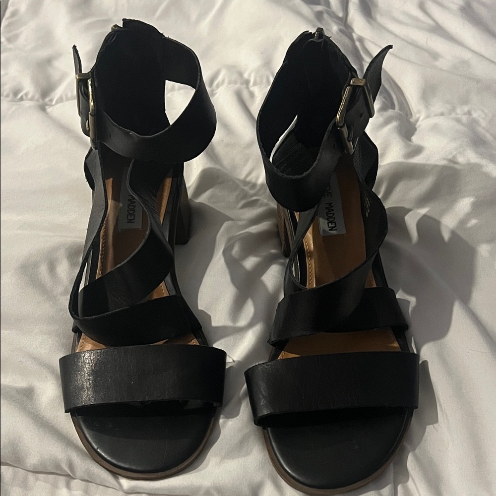 Steve Madden Black Block Heel Sandals | Ankle Strap | Chunky Heel